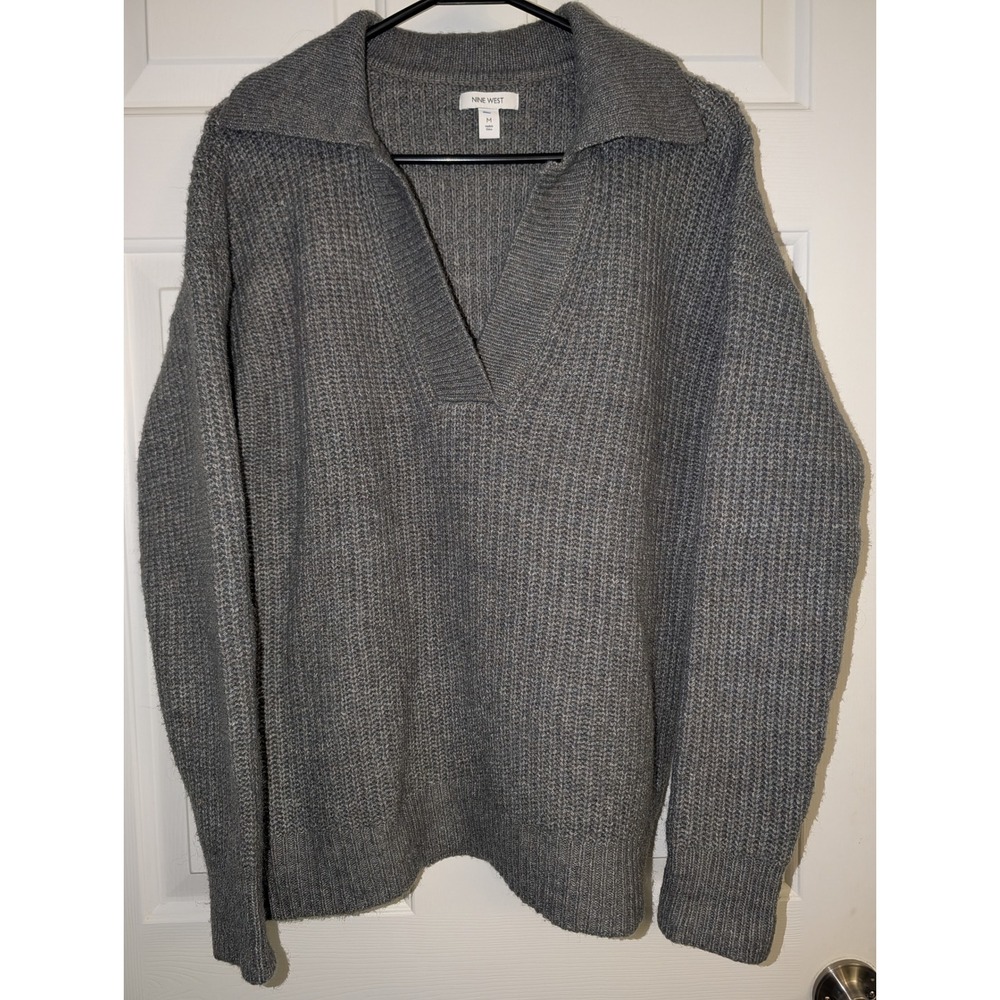 Nine West Gray Shaker Knit Sweater V-Neck Collared Pullover Grandpacore Mens M